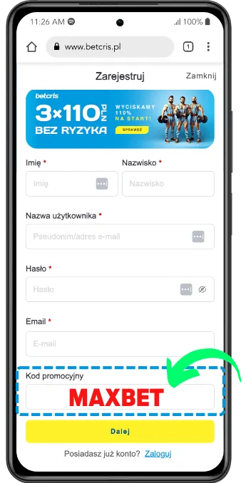 Pole do wpisania kodu promocyjnego betcris