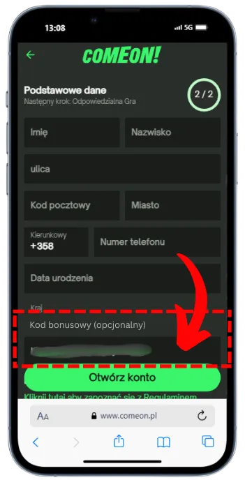 Pole wprowadzania kodu bonusowego ComeOn