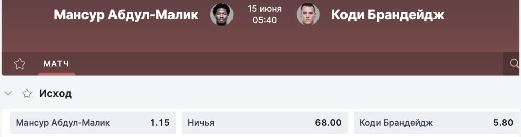 Мансур Абдул-Малик (1.15) vs. Коди Брандейдж (5.80)