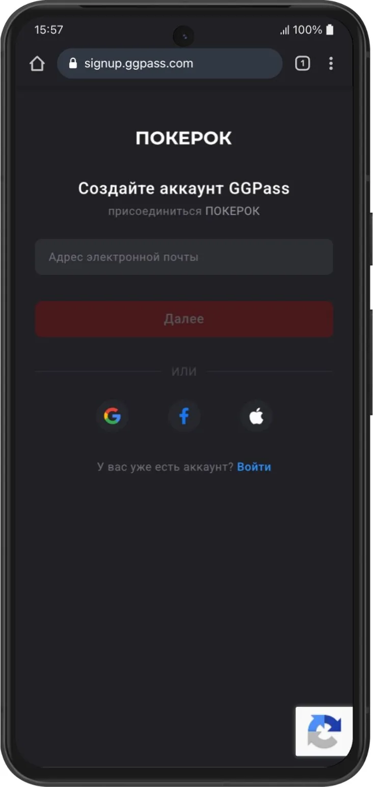Поле куда нужно указать регистрационный email или выбрать другой способ