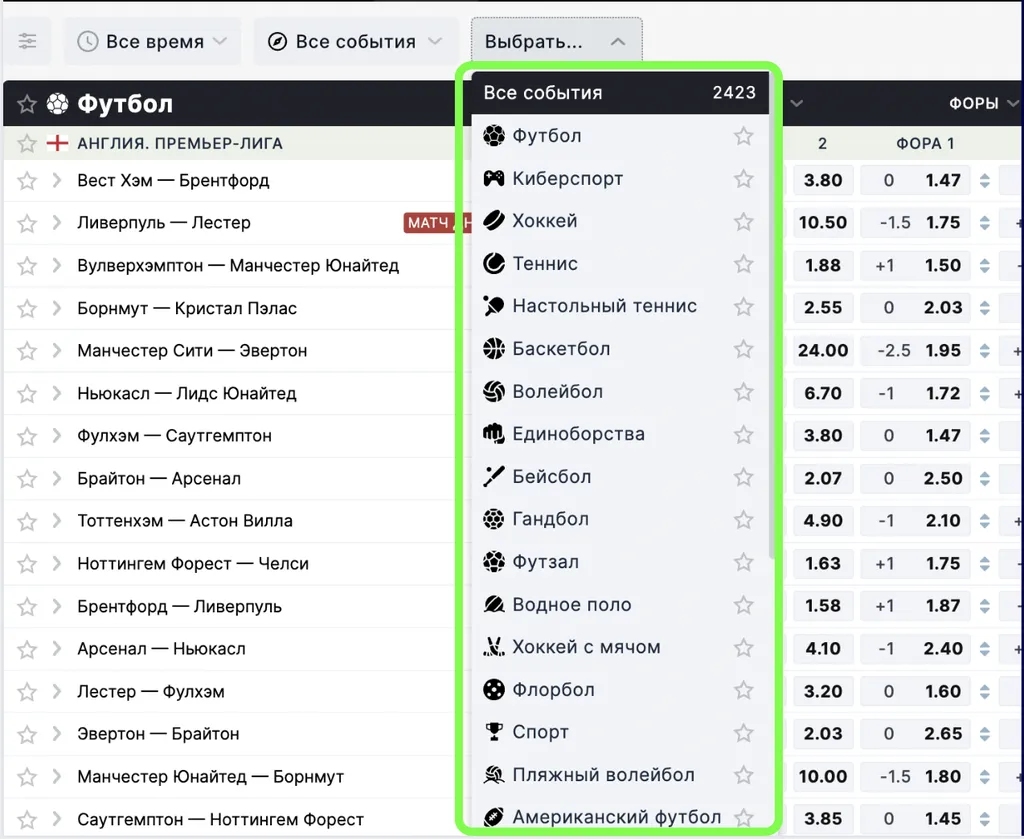 Ставки в БК Пари и виды спорта