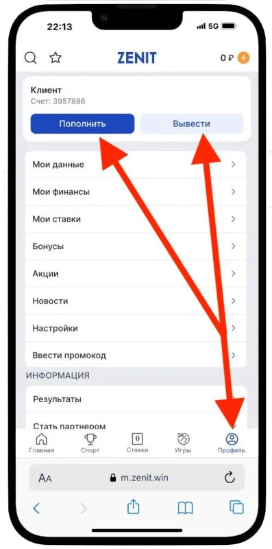 Пополнить баланс в БК Зенит