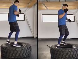 фото - Александр Усик «играется» с колесом от грузовика и лупит его кувалдой — видео