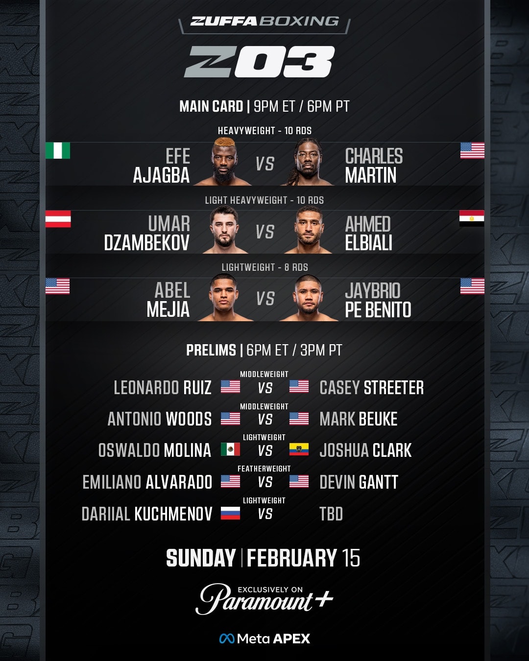 Полный кард Zuffa Boxing 03: Аджагба – Мартин Полный кард Zuffa Boxing 03: Аджагба – Мартин